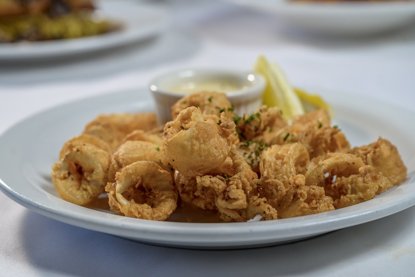 Crispy fried calamari served with spicy aioli and lemon